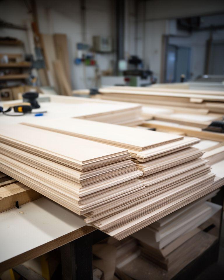 Präzise Wandpaneel-Fertigung in der Manufaktur von LuminaDecor mit Arbeitstisch, Holzwerkstoffen und sauber gestapelten Profilen